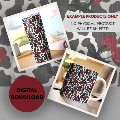Cow Print and Cherries Seamless Hand Drawn Digital Pattern | 300 DPI PNG | Instant Download