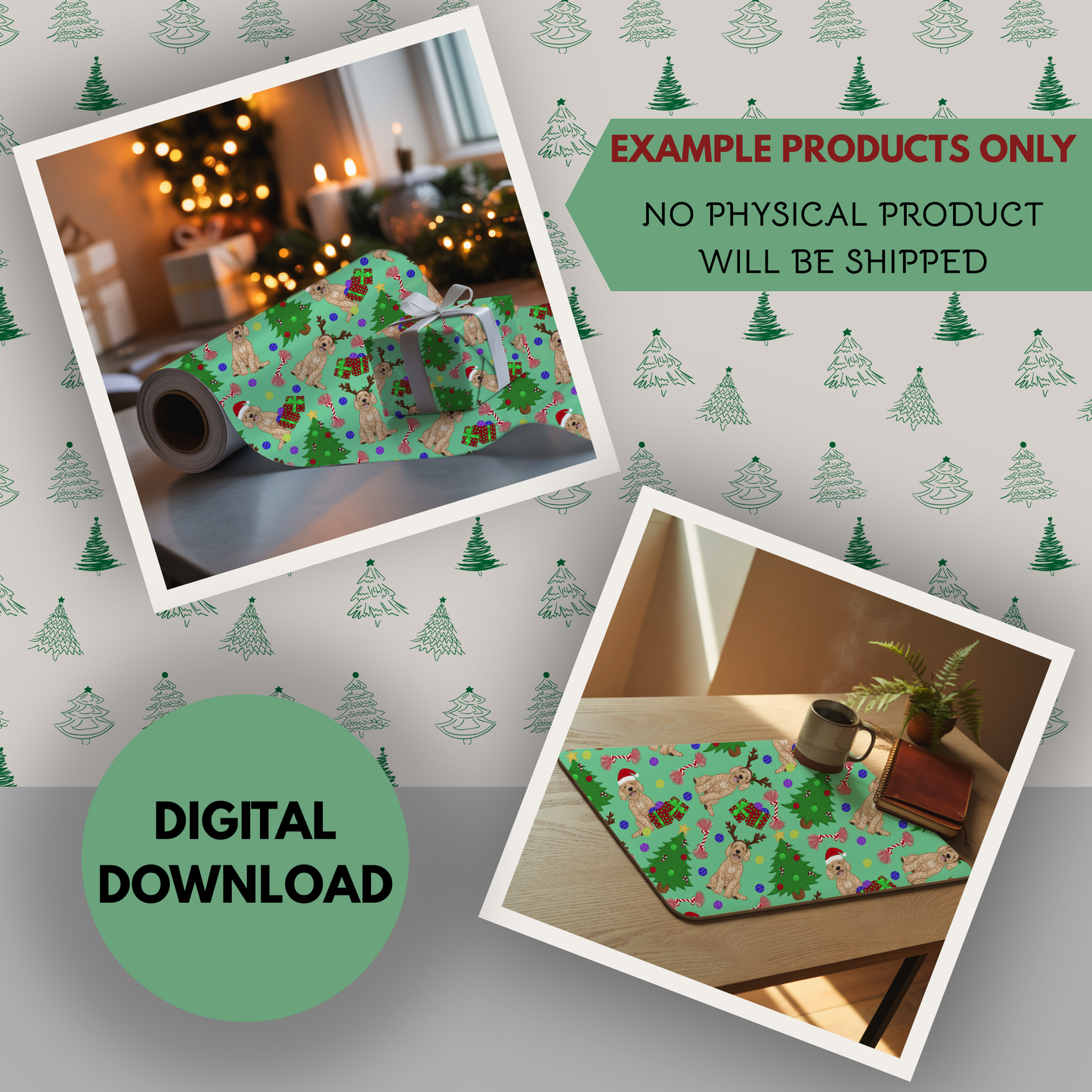 Goldendoodle Christmas Seamless Hand Drawn Digital Pattern | 300 DPI PNG | Instant Download