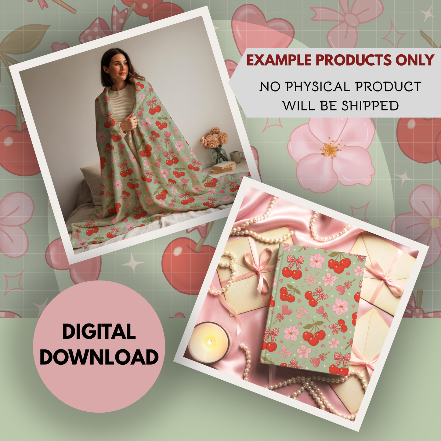 Coquette Cherries Seamless Hand Drawn Digital Pattern | 300 DPI PNG | Instant Download