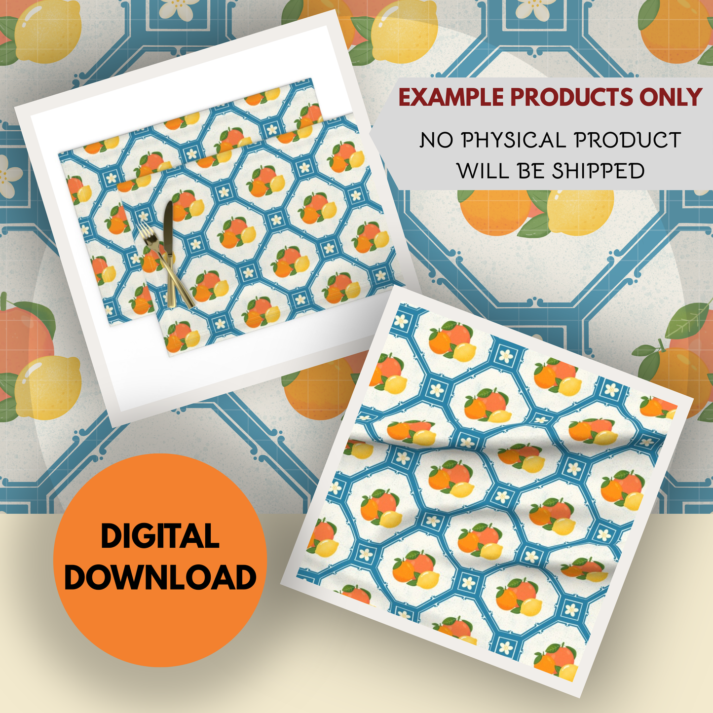 Mediterranean Citrus Seamless Hand Drawn Digital Pattern | 300 DPI PNG | Instant Download