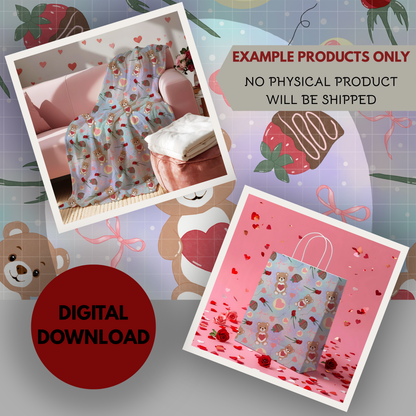 Teddy Bear Valentine Seamless Hand Drawn Digital Pattern | 300 DPI PNG | Instant Download