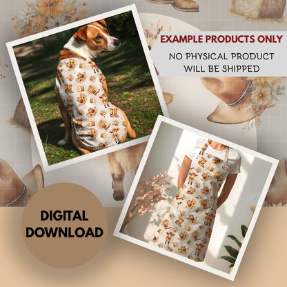 Cute Highland Cow Floral Seamless Hand Drawn Digital Pattern | 300 DPI PNG | Instant Download