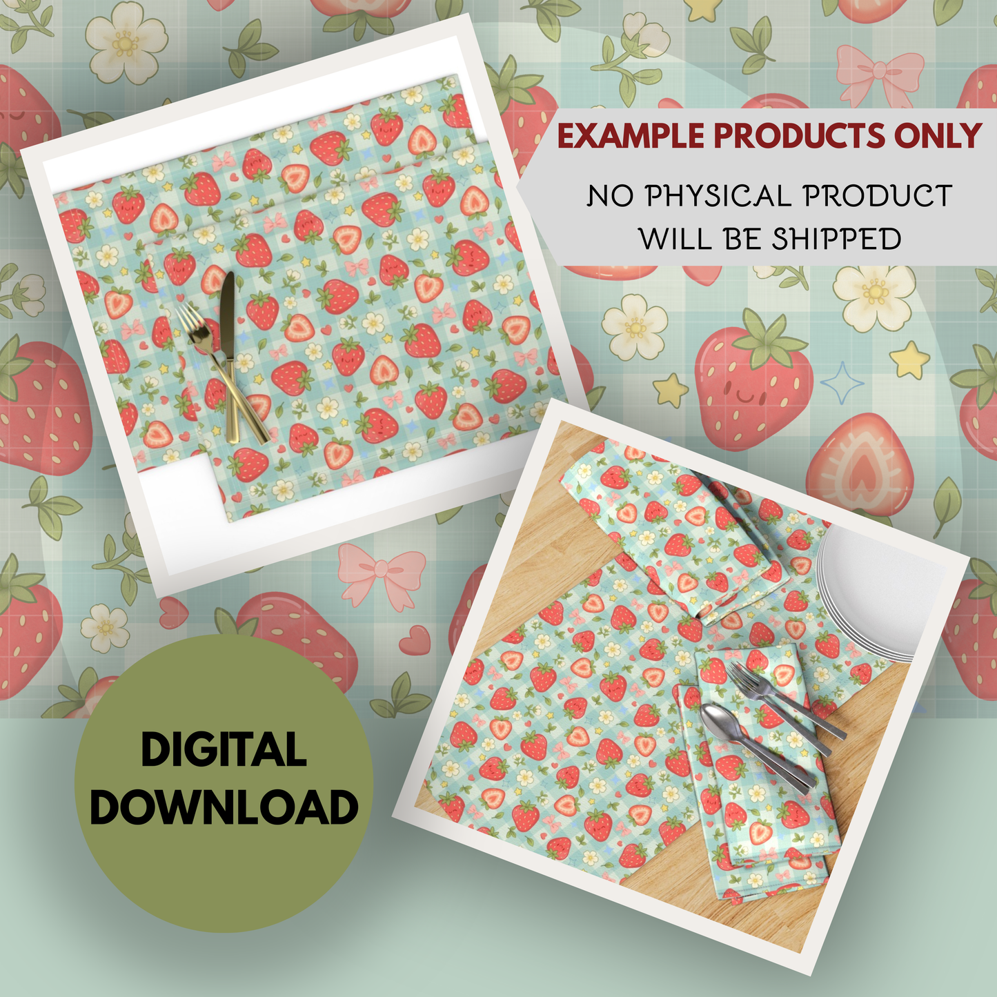 Strawberry Patch Seamless Hand Drawn Digital Pattern | 300 DPI PNG | Instant Download