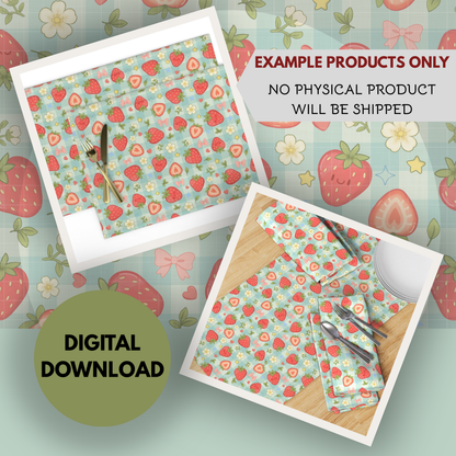 Strawberry Patch Seamless Hand Drawn Digital Pattern | 300 DPI PNG | Instant Download