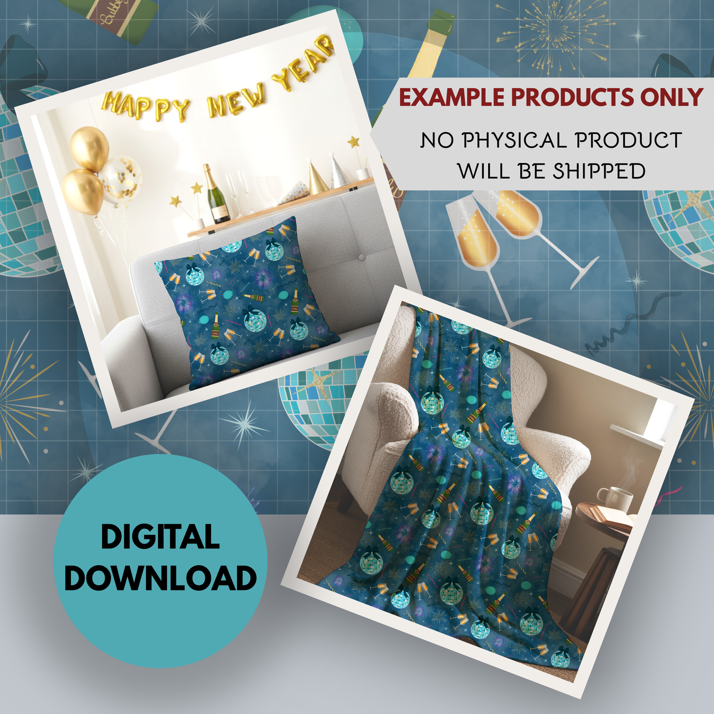 New Year's Eve Party Seamless Hand Drawn Digital Pattern | 300 DPI PNG | Instant Download