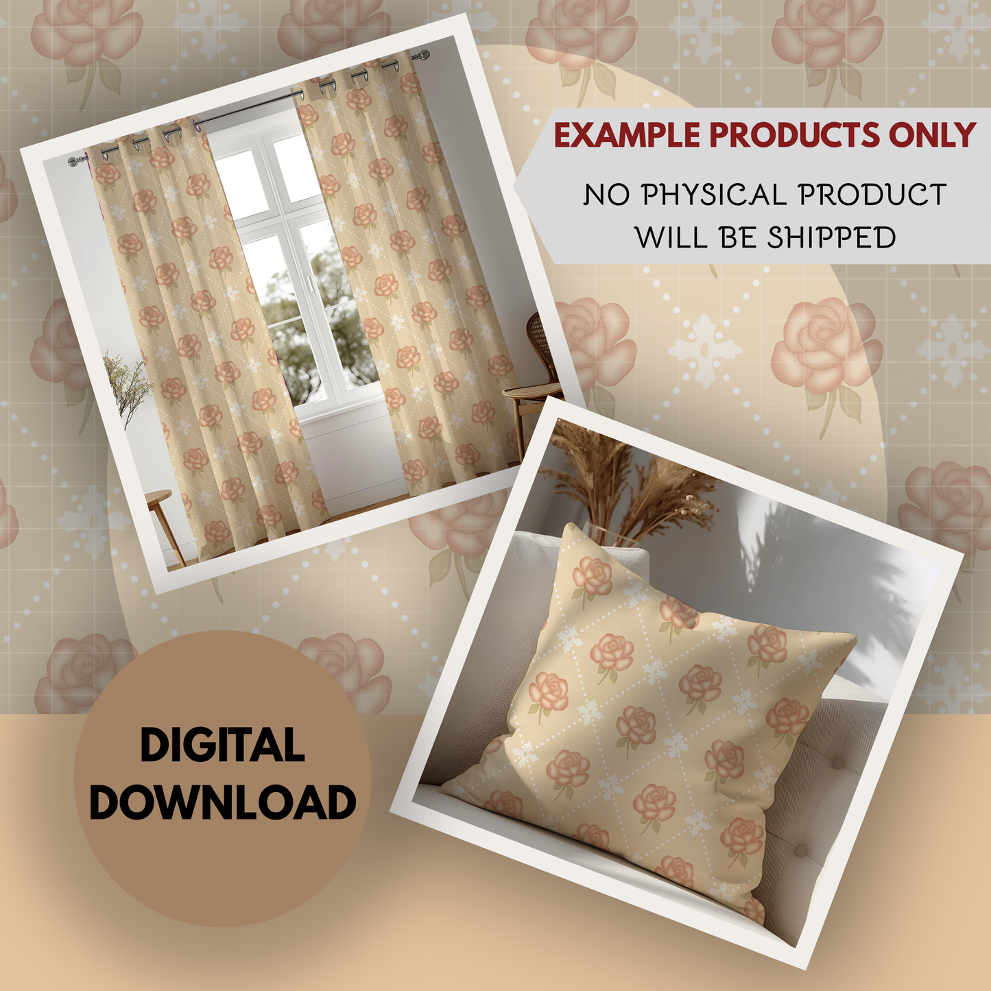 Rose Diamond Vintage Coquette Seamless Hand Drawn Digital Pattern | 300 DPI PNG | Instant Download