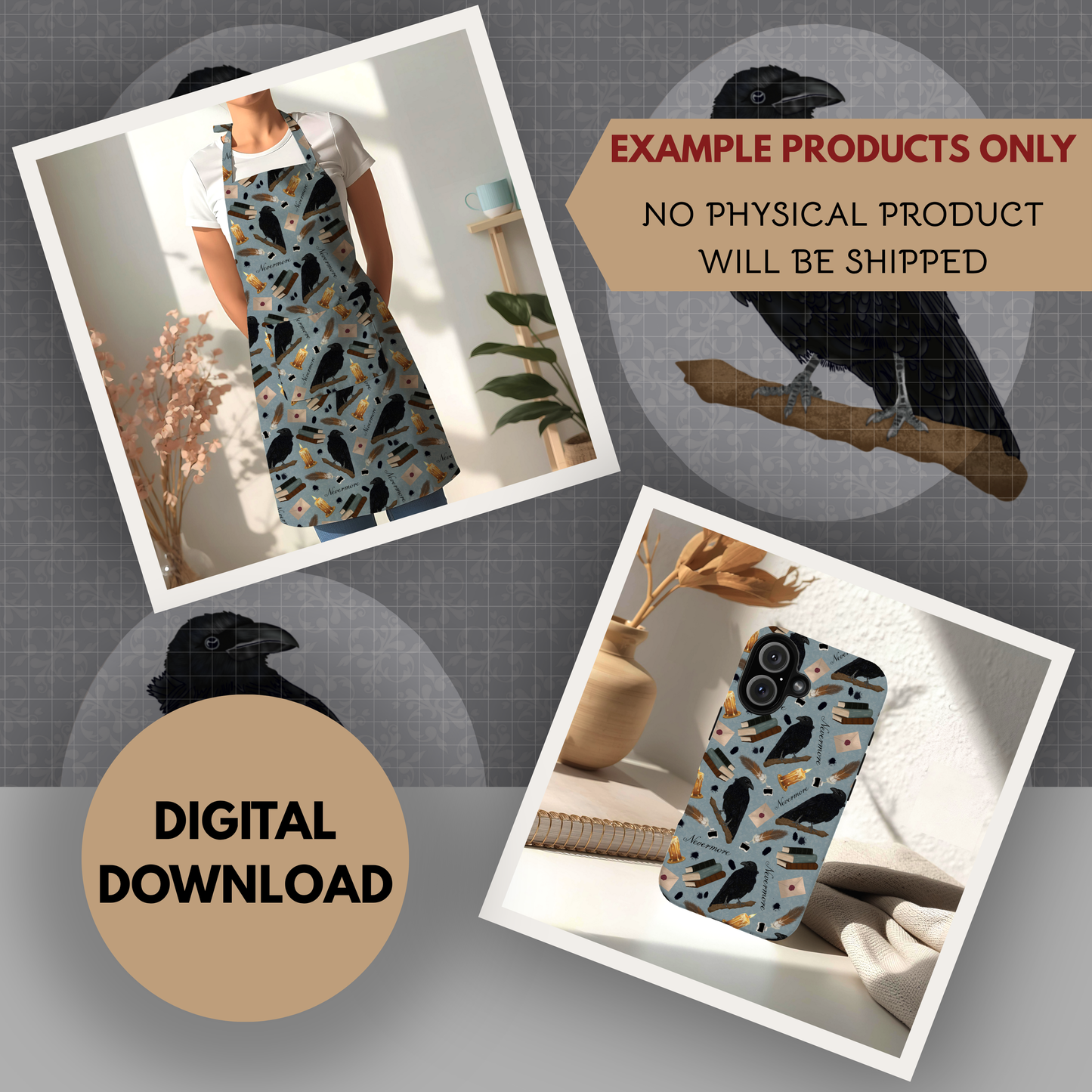 Nevermore Seamless Hand Drawn Digital Pattern | 300 DPI PNG | Instant Download |Edgar Allan Poe | The Raven