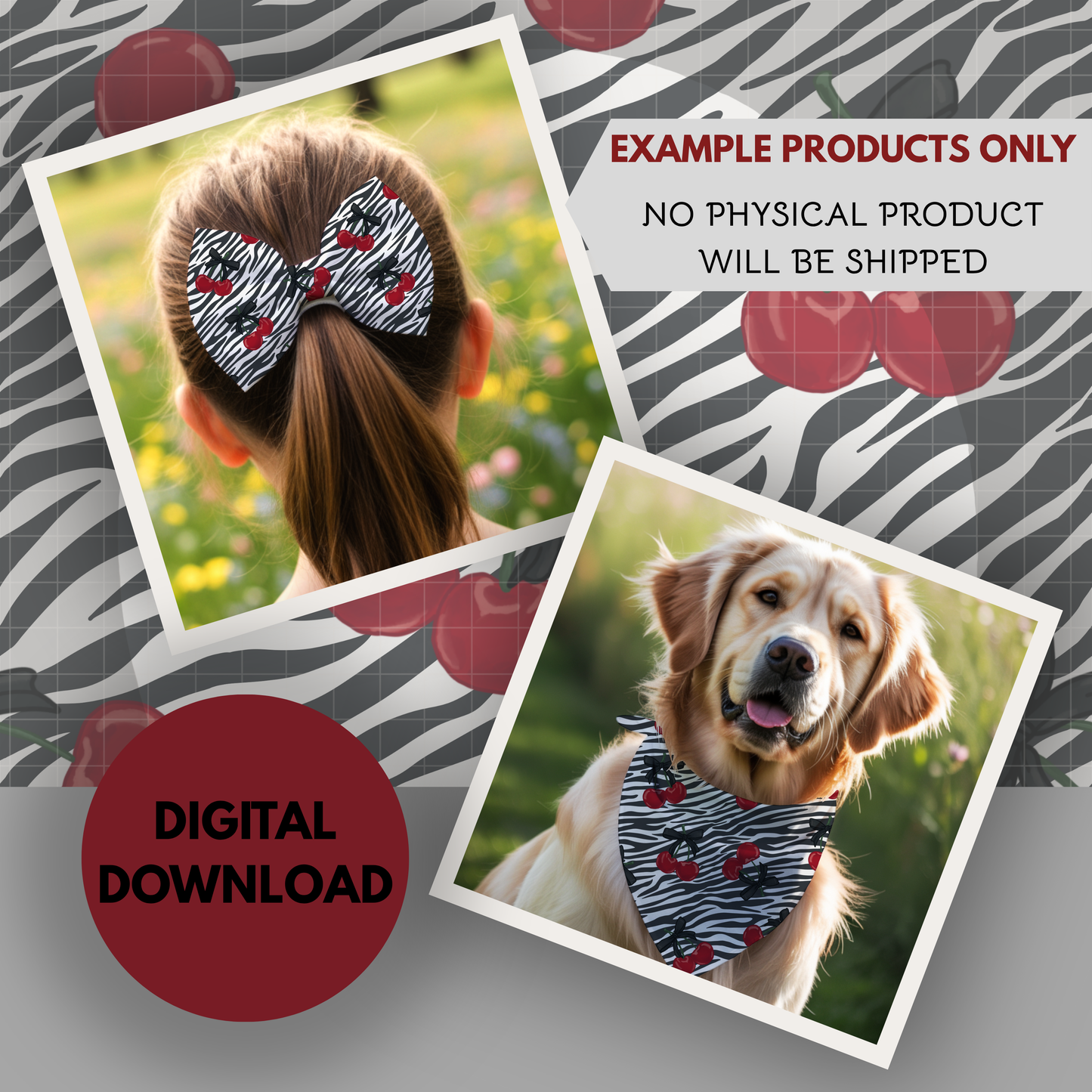 Zebra Print and Cherries Seamless Hand Drawn Digital Pattern | 300 DPI PNG | Instant Download