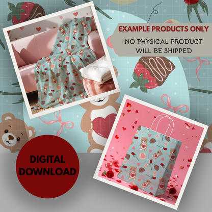 Teddy Bear Valentine Seamless Hand Drawn Digital Pattern | 300 DPI PNG | Instant Download
