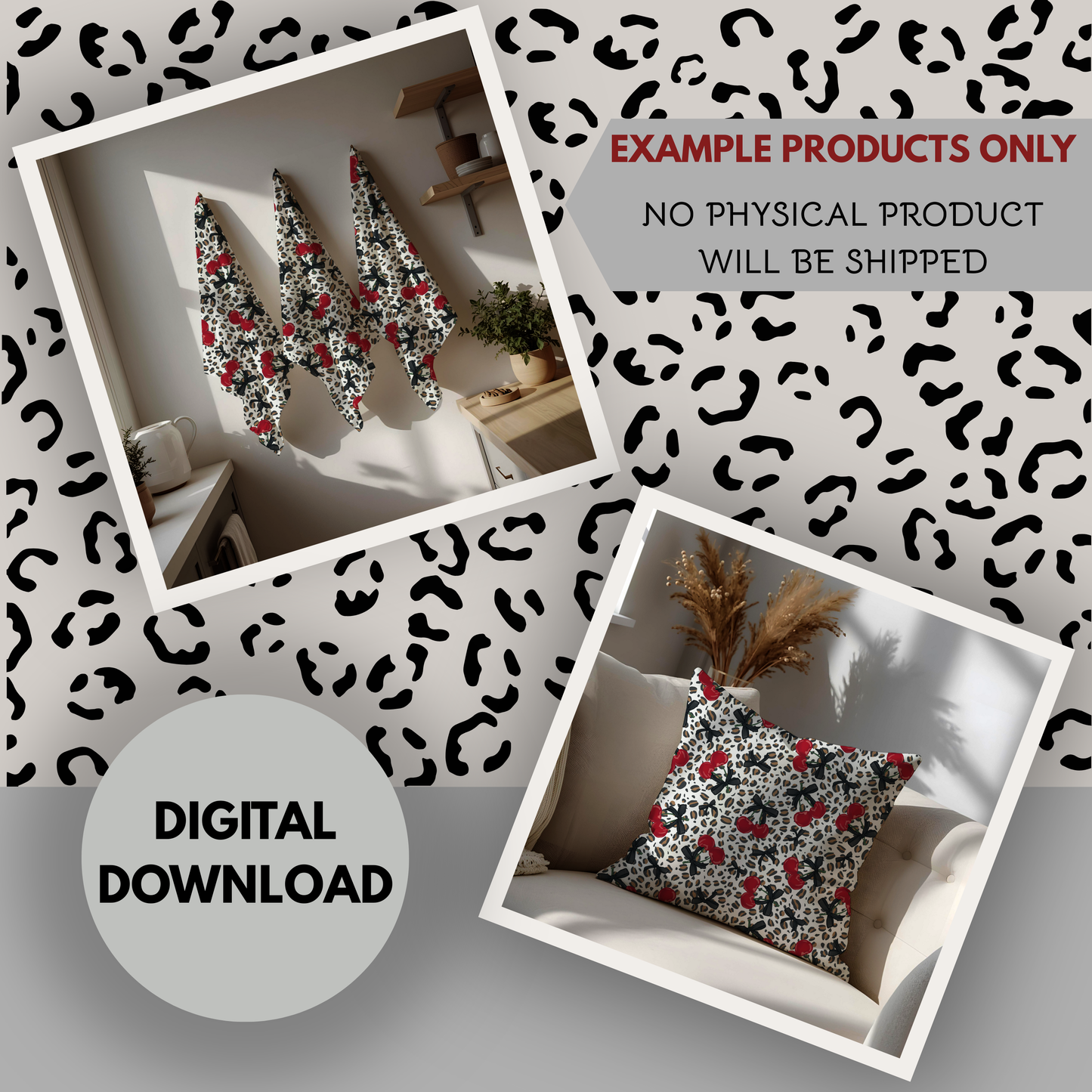 Leopards and Cherries Seamless Hand Drawn Digital Pattern | 300 DPI PNG | Instant Download