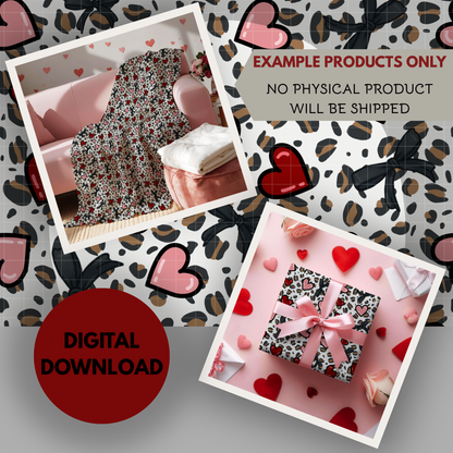 Leopards and Hearts Seamless Hand Drawn Digital Pattern | 300 DPI PNG | Instant Download