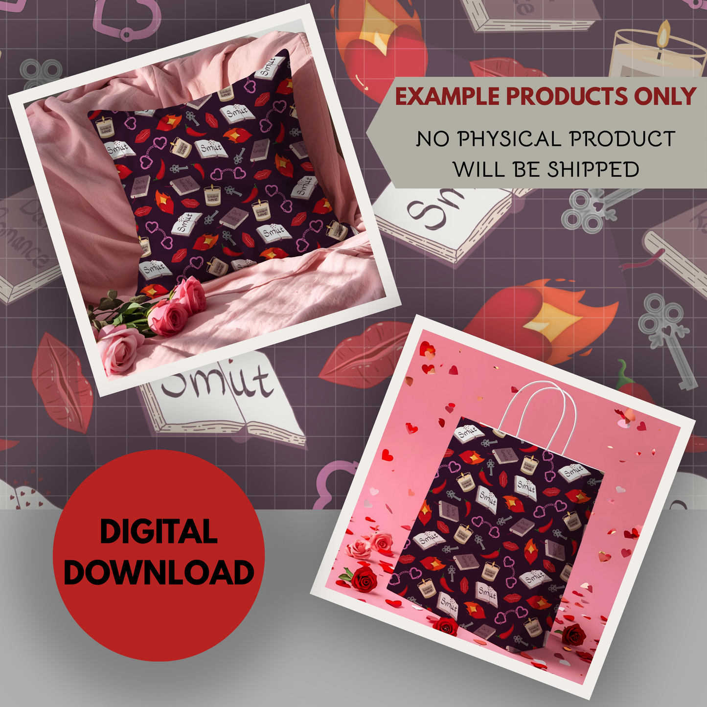 My Smutty Valentine Seamless Hand Drawn Digital Pattern | 300 DPI PNG | Instant Download | 4 background colors | Dark Romance