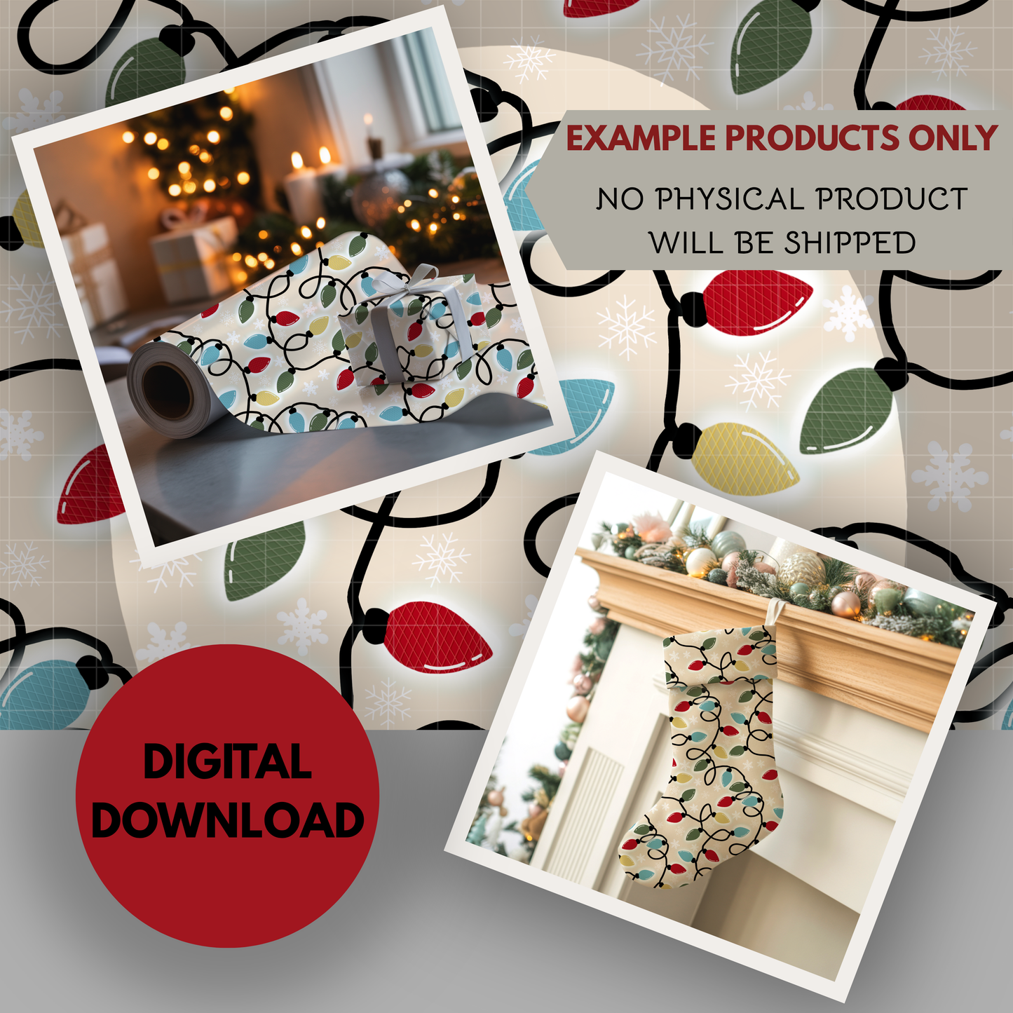 Vintage Christmas Lights Seamless Hand Drawn Digital Pattern | 300 DPI PNG | Instant Download