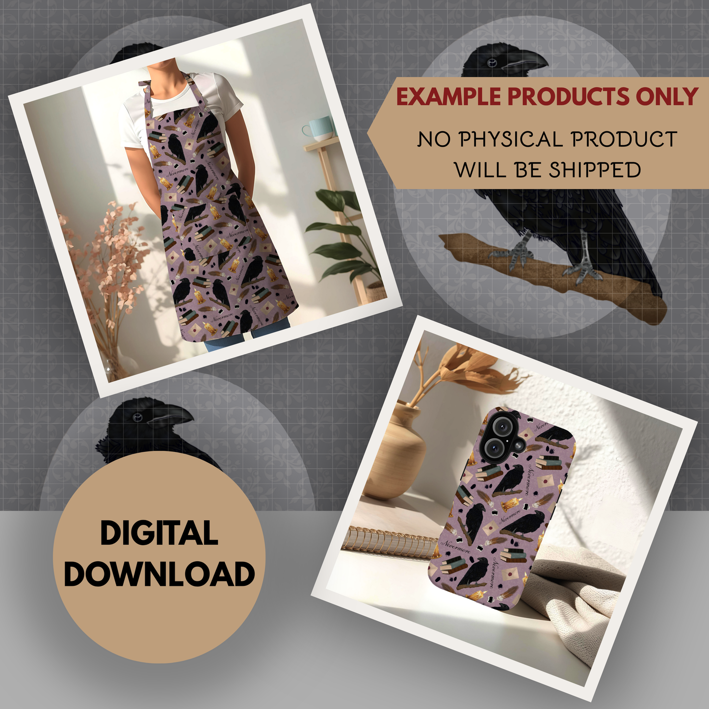 Nevermore Seamless Hand Drawn Digital Pattern | 300 DPI PNG | Instant Download |Edgar Allan Poe | The Raven