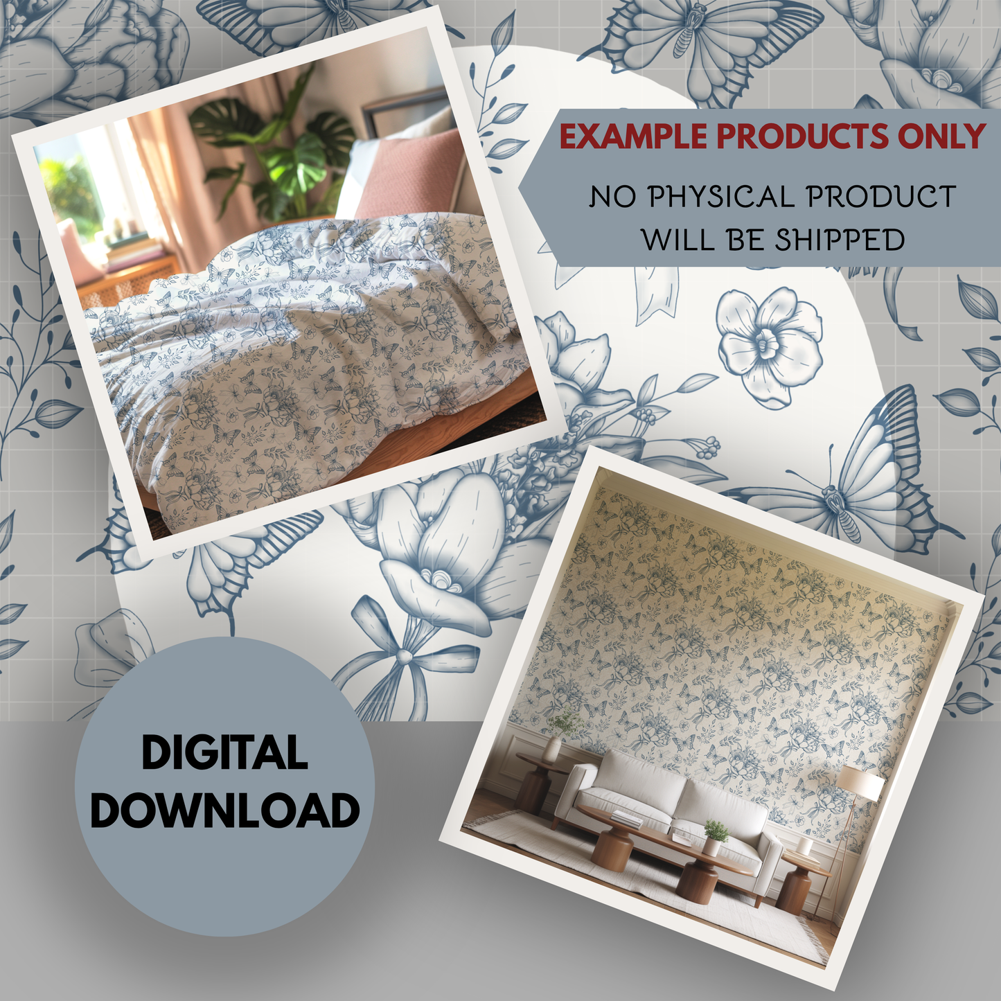 Toile De Jouy Bouquet in blue Seamless Hand Drawn Digital Pattern | 300 DPI PNG | Instant Download