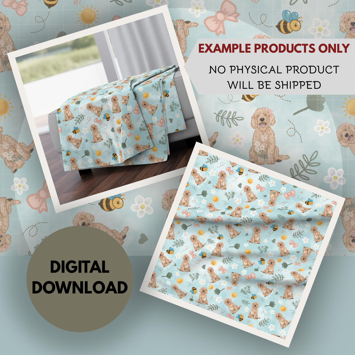 Goldendoodle Spring Seamless Hand Drawn Digital Pattern | 300 DPI PNG | Instant Download