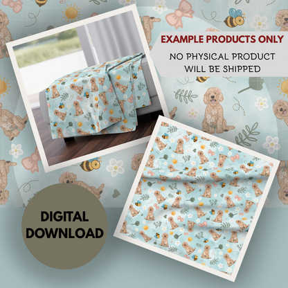 Goldendoodle Spring Seamless Hand Drawn Digital Pattern | 300 DPI PNG | Instant Download