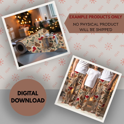 Western Christmas Seamless Hand Drawn Digital Pattern | 300 DPI PNG | Instant Download