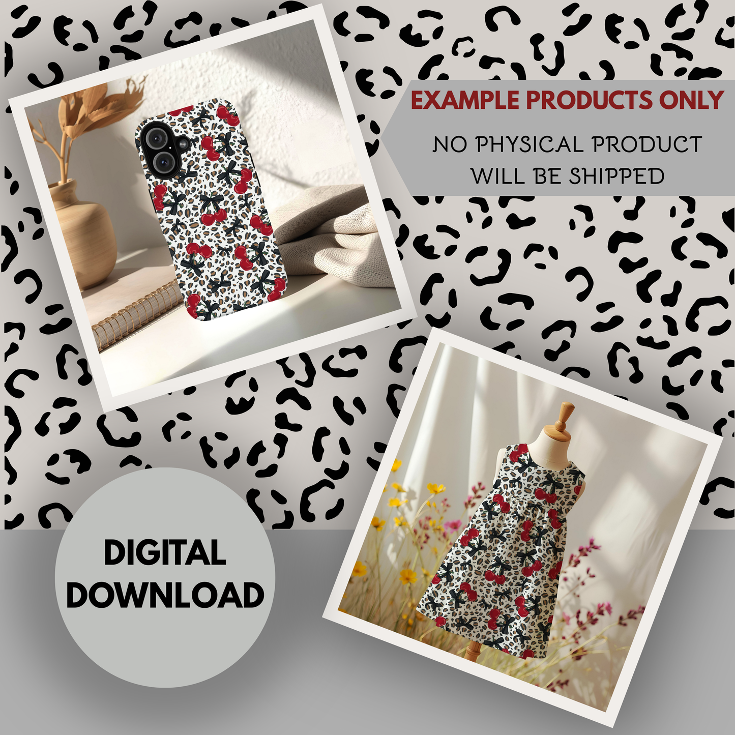 Leopards and Cherries Seamless Hand Drawn Digital Pattern | 300 DPI PNG | Instant Download