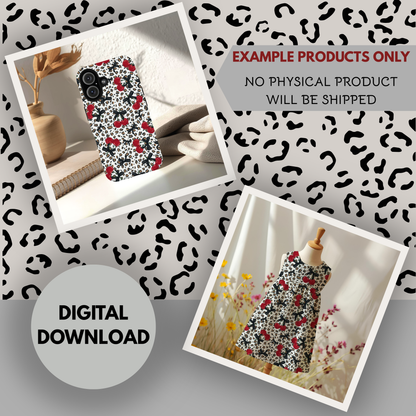 Leopards and Cherries Seamless Hand Drawn Digital Pattern | 300 DPI PNG | Instant Download