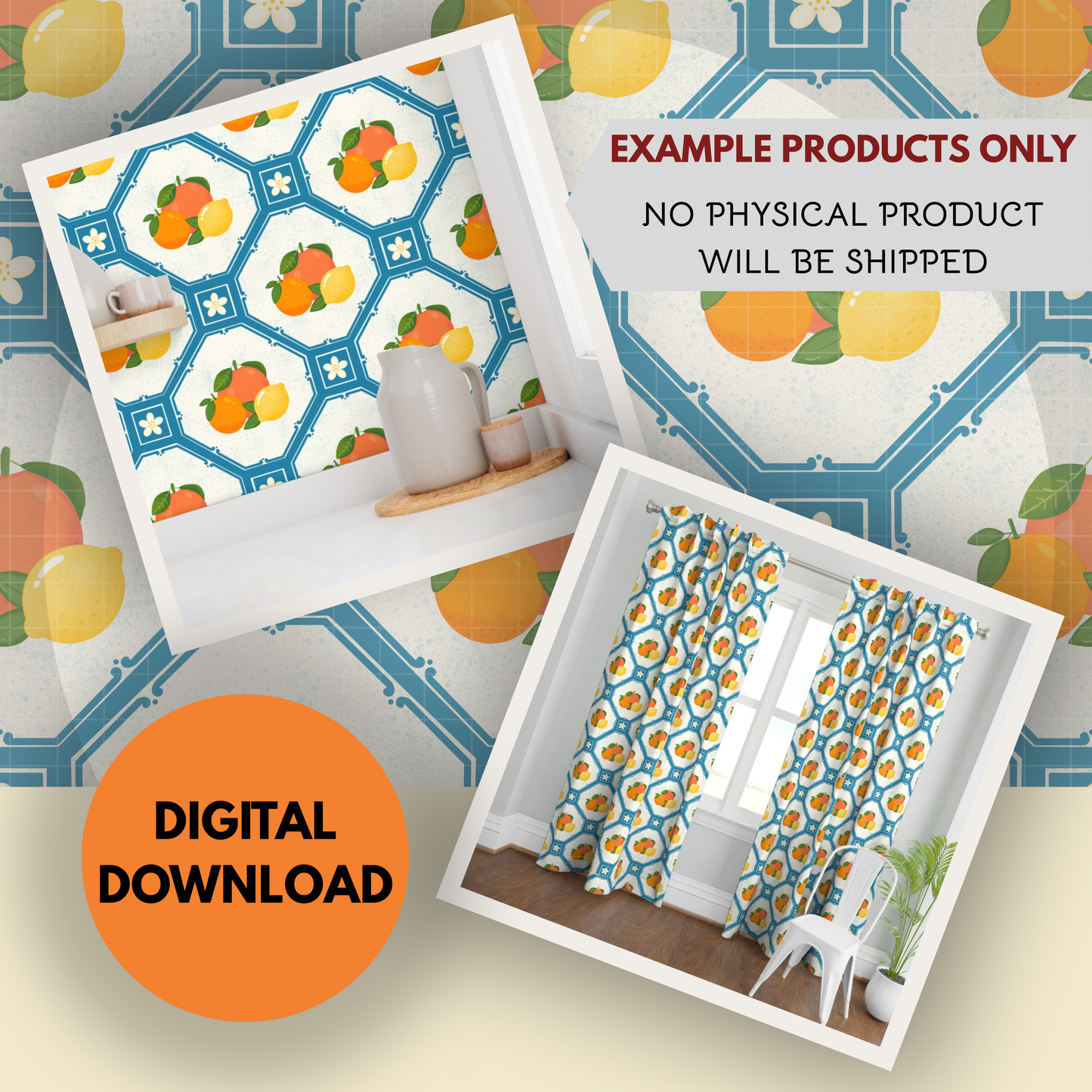 Mediterranean Citrus Seamless Hand Drawn Digital Pattern | 300 DPI PNG | Instant Download