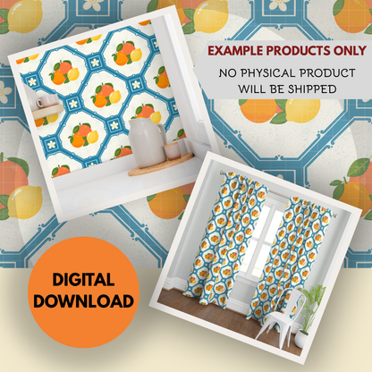 Mediterranean Citrus Seamless Hand Drawn Digital Pattern | 300 DPI PNG | Instant Download