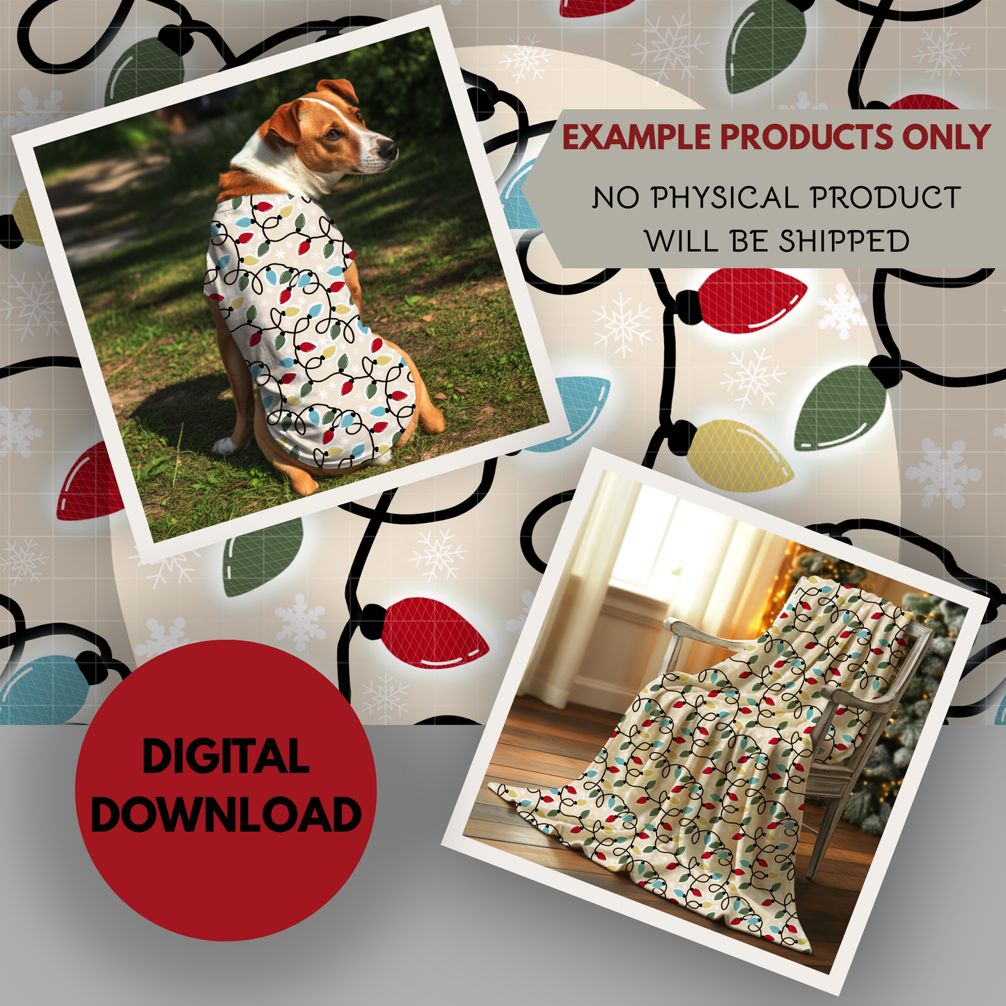 Vintage Christmas Lights Seamless Hand Drawn Digital Pattern | 300 DPI PNG | Instant Download