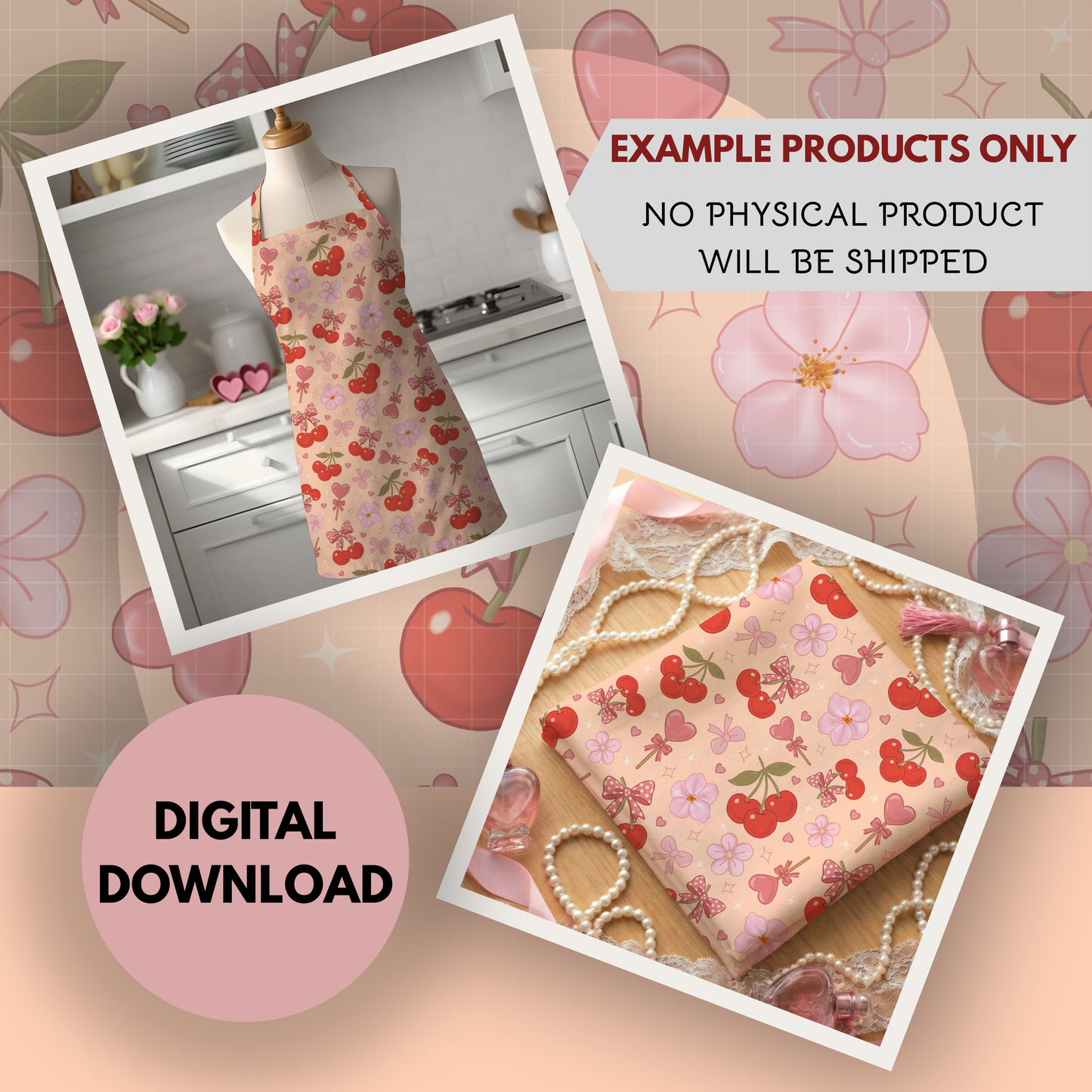 Coquette Cherries Seamless Hand Drawn Digital Pattern | 300 DPI PNG | Instant Download