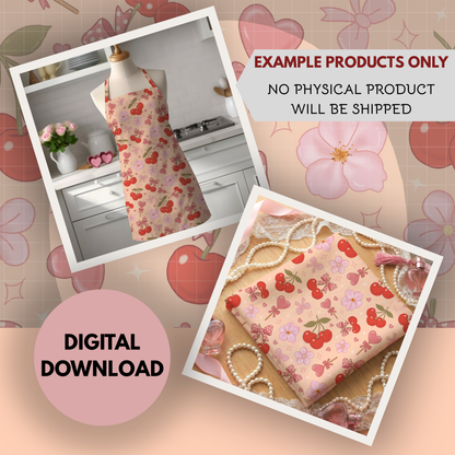 Coquette Cherries Seamless Hand Drawn Digital Pattern | 300 DPI PNG | Instant Download