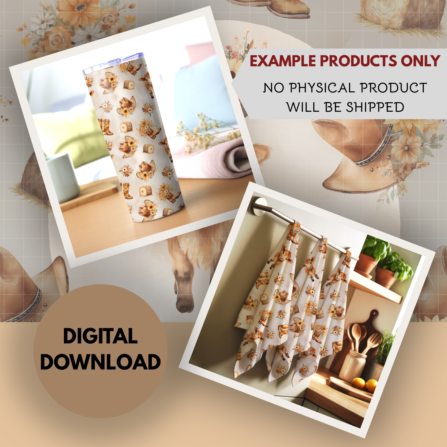 Cute Highland Cow Floral Seamless Hand Drawn Digital Pattern | 300 DPI PNG | Instant Download