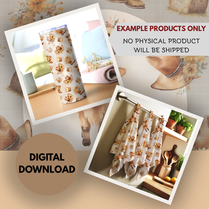 Cute Highland Cow Floral Seamless Hand Drawn Digital Pattern | 300 DPI PNG | Instant Download