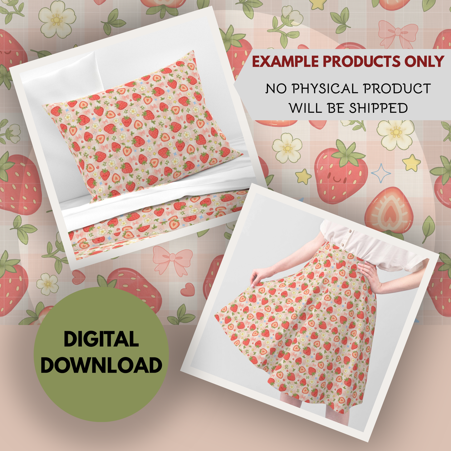 Strawberry Patch Seamless Hand Drawn Digital Pattern | 300 DPI PNG | Instant Download