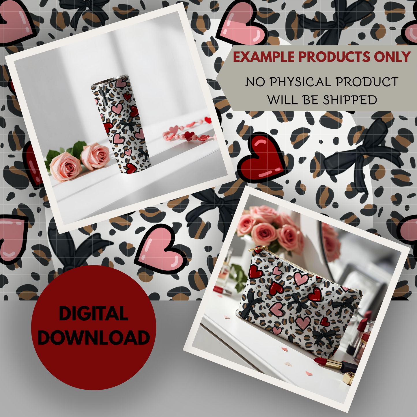 Leopards and Hearts Seamless Hand Drawn Digital Pattern | 300 DPI PNG | Instant Download