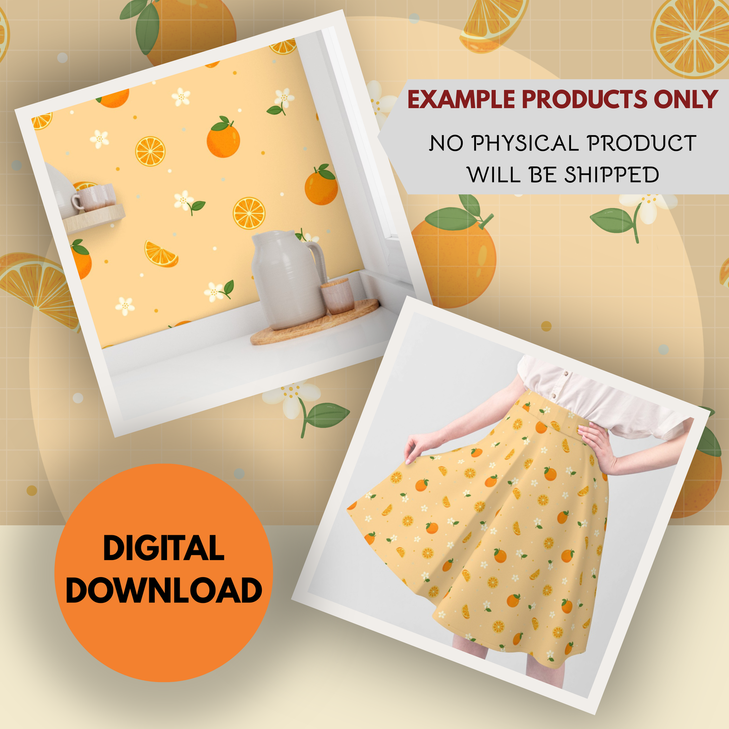 Oranges and Blossoms Seamless Hand Drawn Digital Pattern | 300 DPI PNG | Instant Download