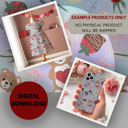 Teddy Bear Valentine Seamless Hand Drawn Digital Pattern | 300 DPI PNG | Instant Download