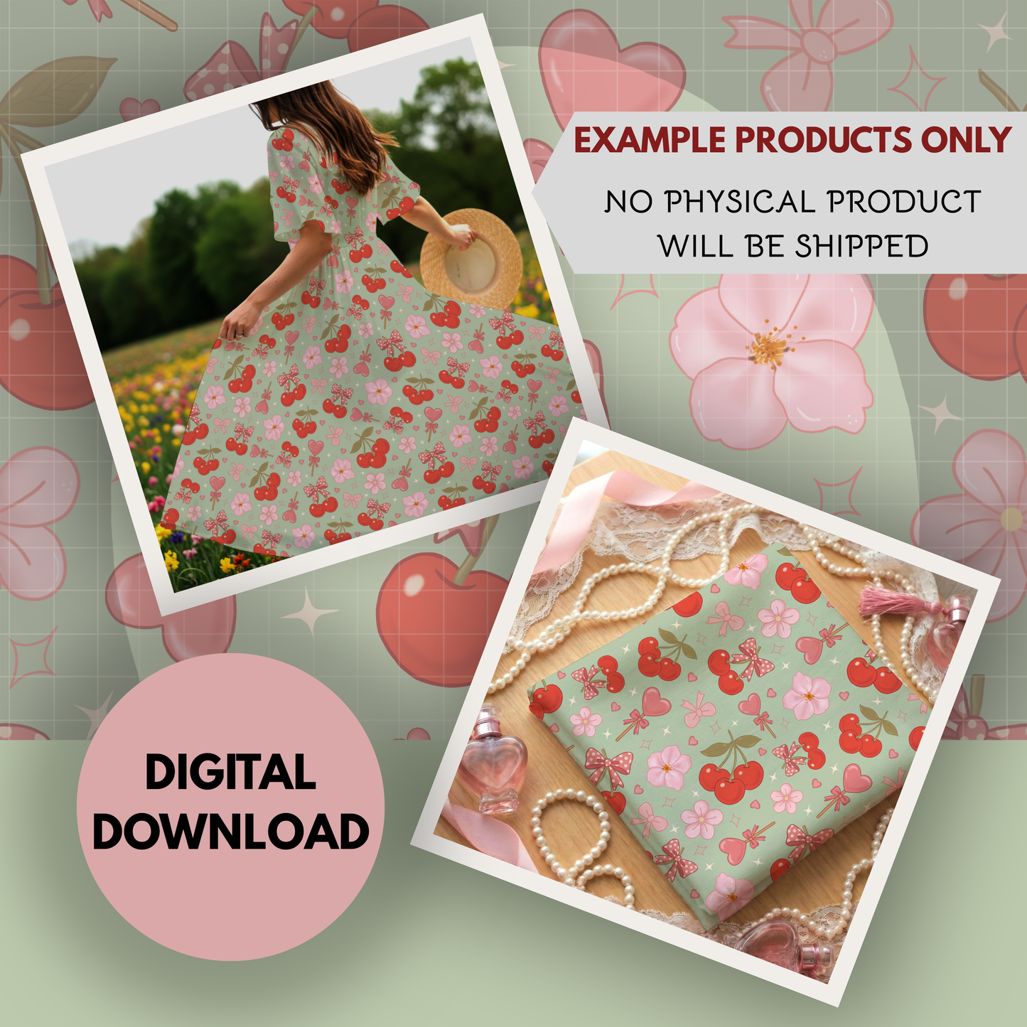 Coquette Cherries Seamless Hand Drawn Digital Pattern | 300 DPI PNG | Instant Download