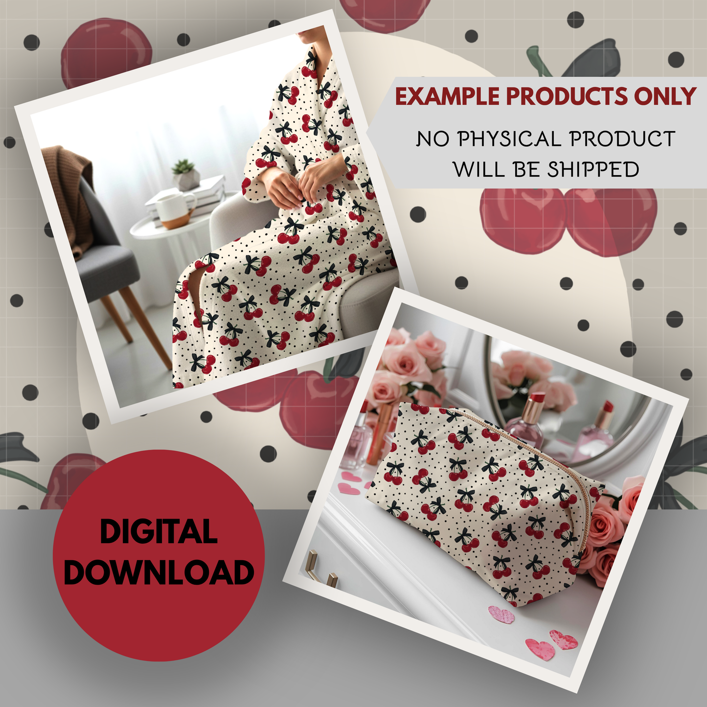 Polka Dots and Cherries Seamless Hand Drawn Digital Pattern | 300 DPI PNG | Instant Download