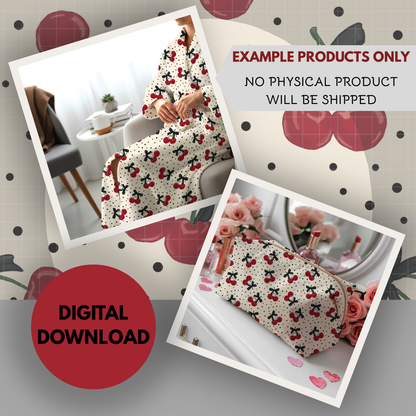 Polka Dots and Cherries Seamless Hand Drawn Digital Pattern | 300 DPI PNG | Instant Download