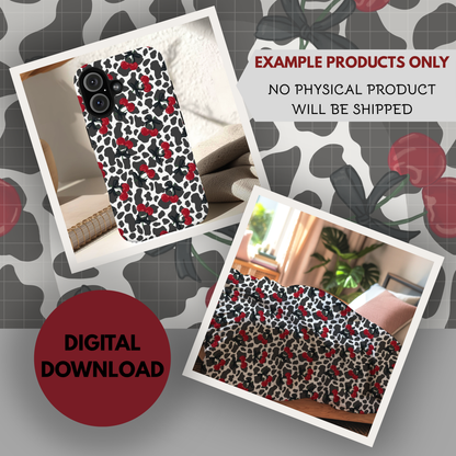 Cow Print and Cherries Seamless Hand Drawn Digital Pattern | 300 DPI PNG | Instant Download
