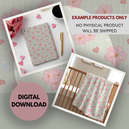 Cherry Blossoms Seamless Hand Drawn Digital Pattern | 300 DPI PNG | Instant Download