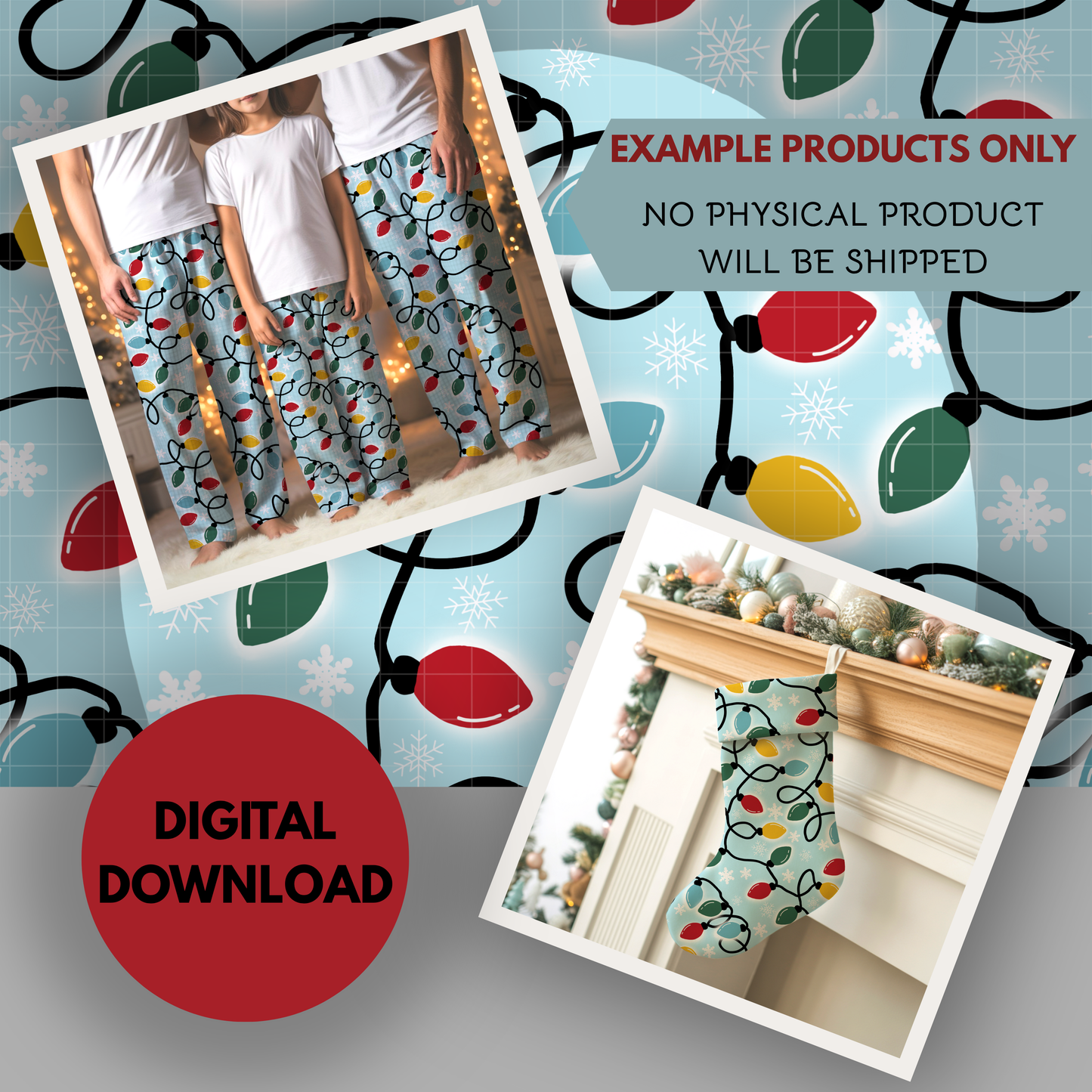 Retro Christmas Lights Seamless Hand Drawn Digital Pattern | 300 DPI PNG | Instant Download