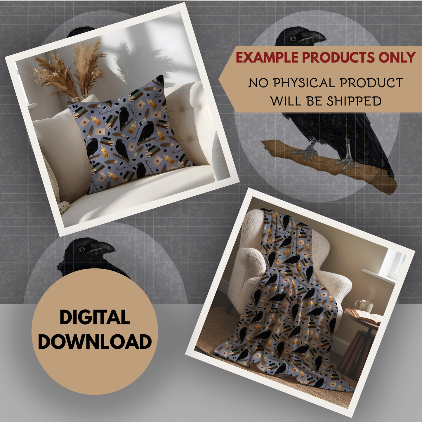 Nevermore Seamless Hand Drawn Digital Pattern | 300 DPI PNG | Instant Download |Edgar Allan Poe | The Raven