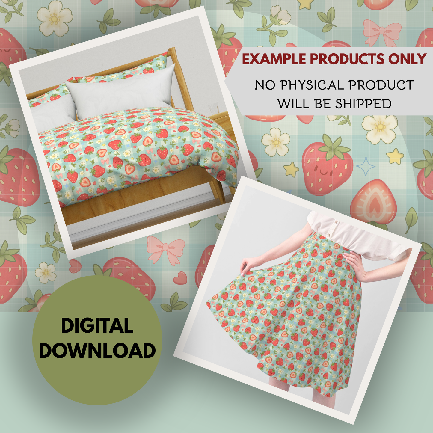 Strawberry Patch Seamless Hand Drawn Digital Pattern | 300 DPI PNG | Instant Download
