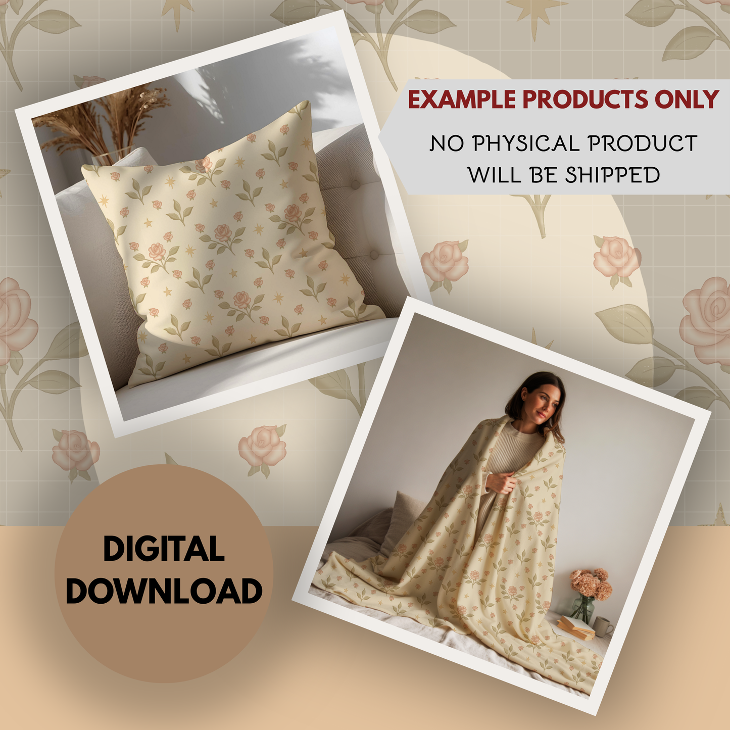 Roses and Stars Vintage Coquette Seamless Hand Drawn Digital Pattern | 300 DPI PNG | Instant Download