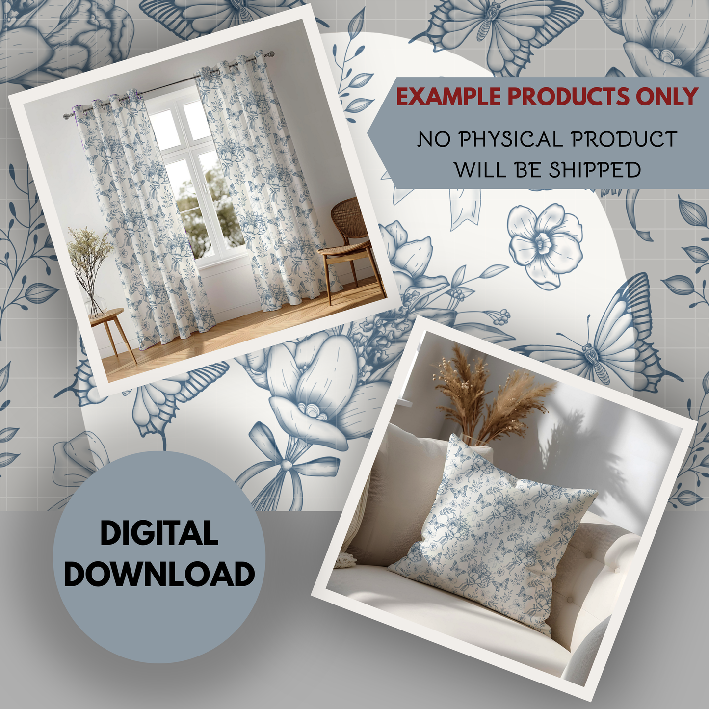 Toile De Jouy Bouquet in blue Seamless Hand Drawn Digital Pattern | 300 DPI PNG | Instant Download