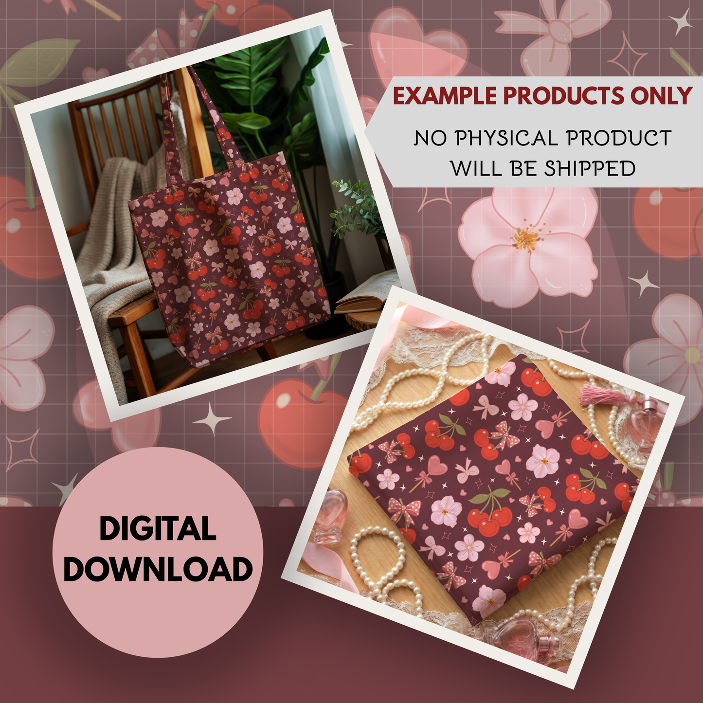 Coquette Cherries Seamless Hand Drawn Digital Pattern | 300 DPI PNG | Instant Download