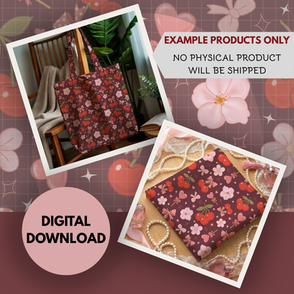 Coquette Cherries Seamless Hand Drawn Digital Pattern | 300 DPI PNG | Instant Download