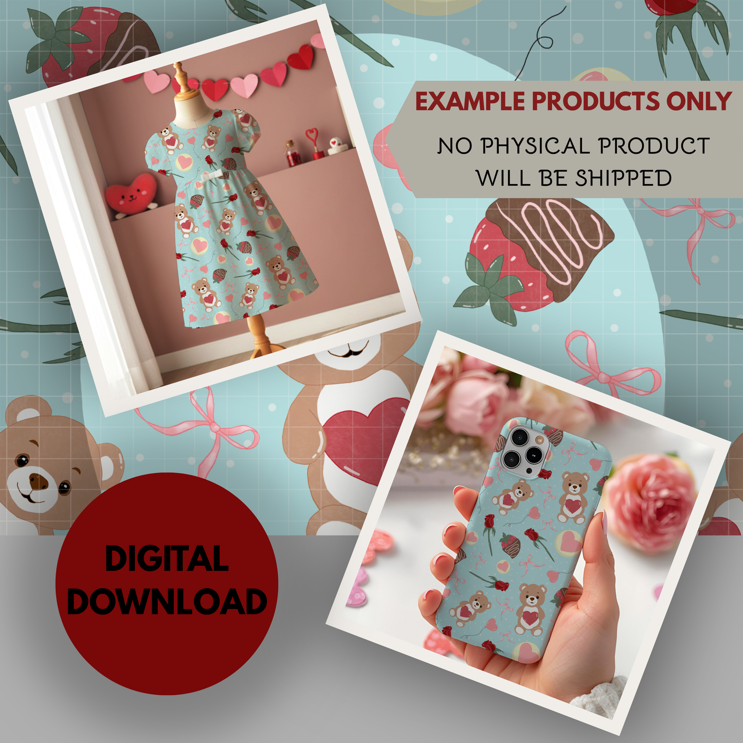 Teddy Bear Valentine Seamless Hand Drawn Digital Pattern | 300 DPI PNG | Instant Download