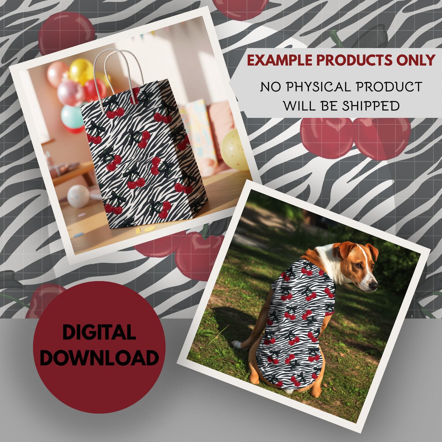 Zebra Print and Cherries Seamless Hand Drawn Digital Pattern | 300 DPI PNG | Instant Download