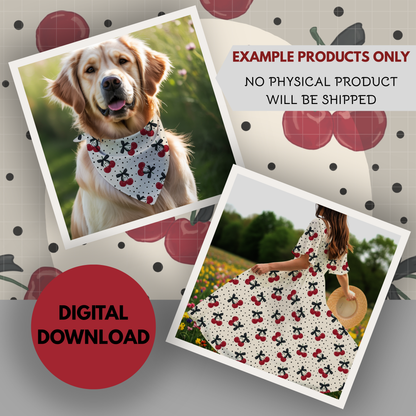 Polka Dots and Cherries Seamless Hand Drawn Digital Pattern | 300 DPI PNG | Instant Download